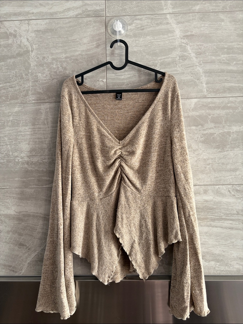 SHEIN Beige Ruched V-Neck Long Sleeve Top